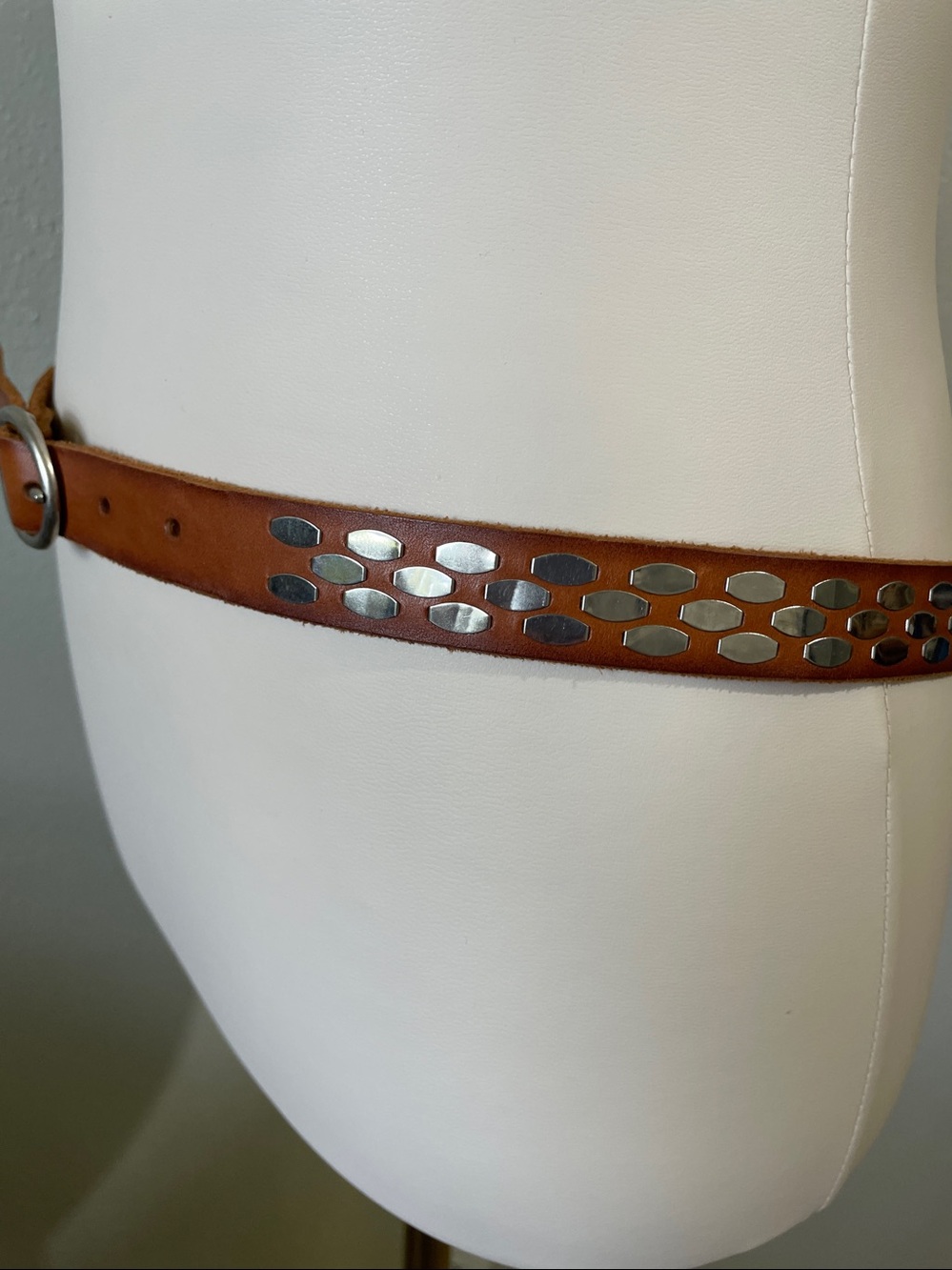 Silver Tone Studded Brown Leather Skinny Belt Large J Crew Moto Biker Casual